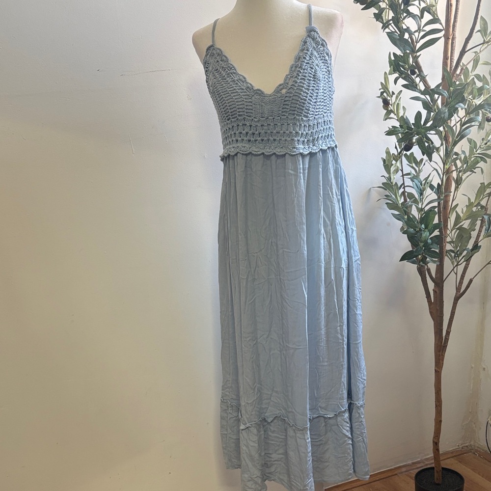 Indulge Light Blue Crochet Midi Dress